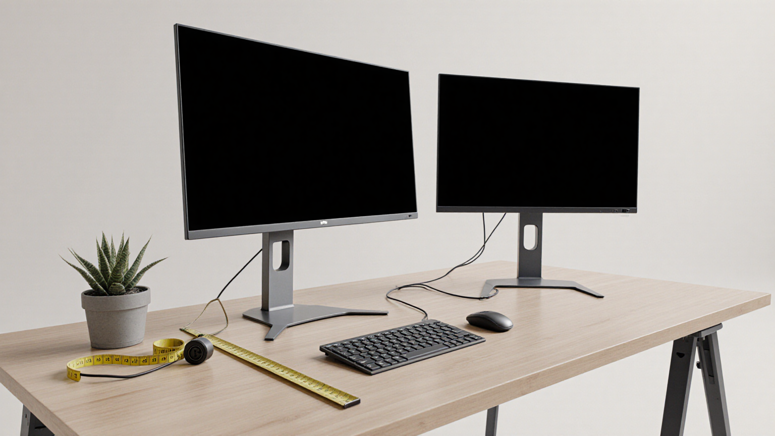 Dual blank-monitor workspace with neutral measuring tools and no visible interface